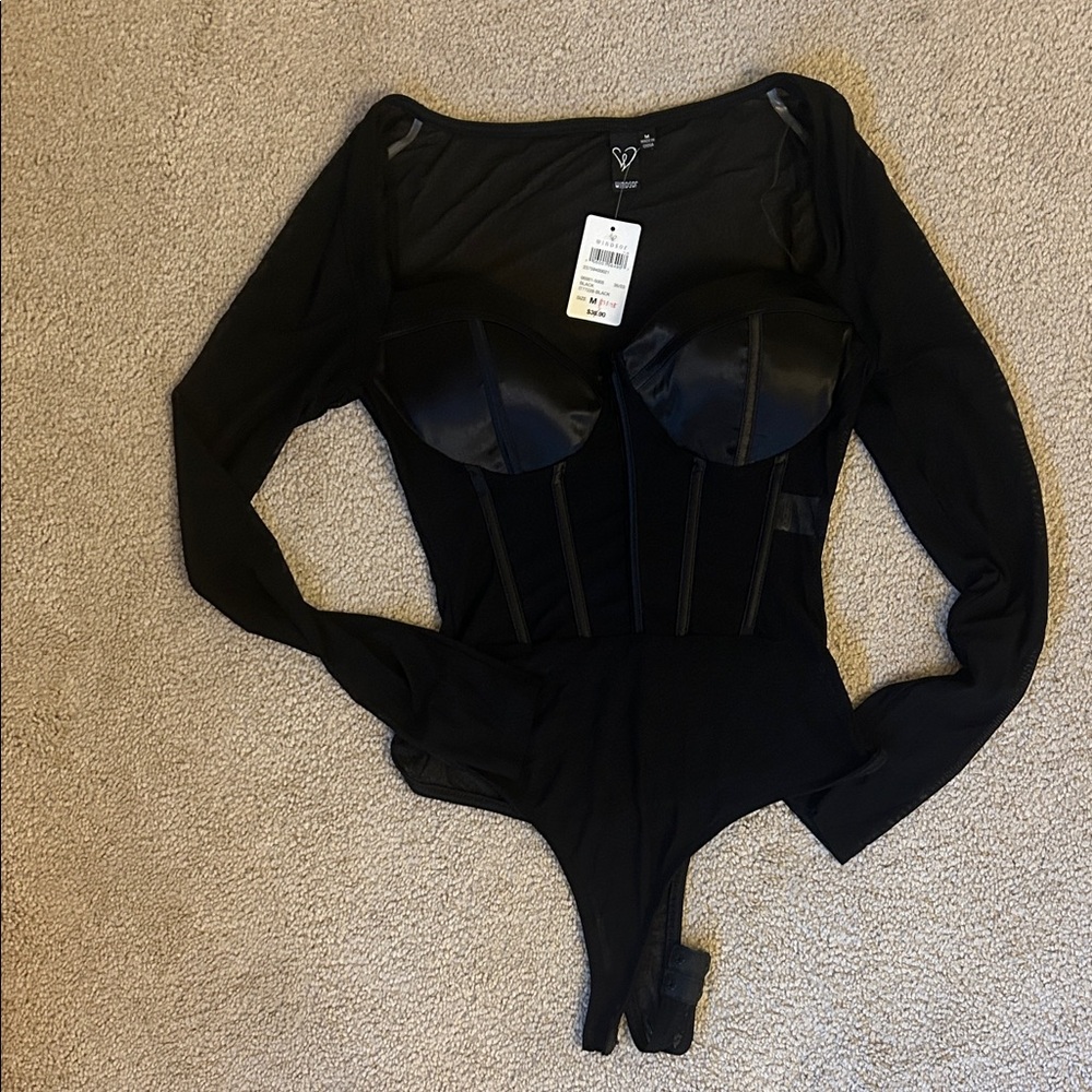 Windsor Elegant Black sheer Long-Sleeve Bodysuit